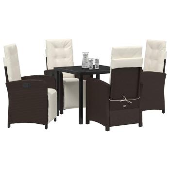 5-teiliges Garten-Ess-Set mit Kissen in Braun Rattan, Gartentisch Schwarz 80x80x73 cm aus gehärtetem Glas
