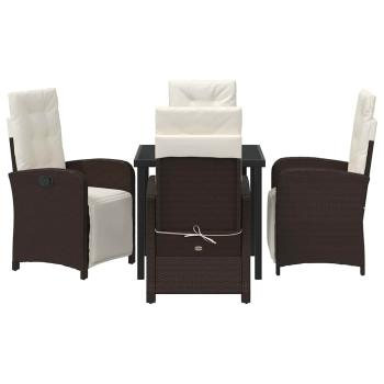 5-teiliges Garten-Ess-Set mit Kissen in Braun Rattan, Gartentisch Schwarz 80x80x73 cm aus gehärtetem Glas