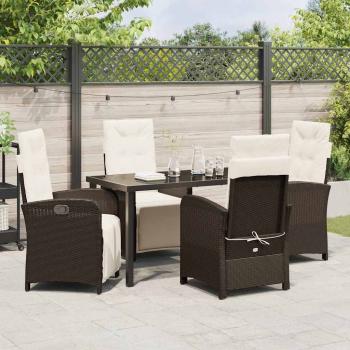5-teiliges Garten Essgruppe mit Kissen in Braun aus Poly-Rattan, Gartentisch Schwarz 140x80x73 cm aus Sicherheitsglas