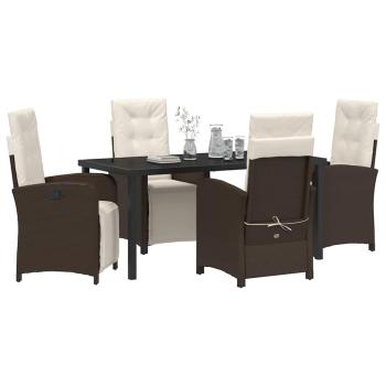 5-teiliges Garten Essgruppe mit Kissen, Braunes Poly Rattan, Gartentisch Schwarz 160x80x73 cm, gehärtetes Glas