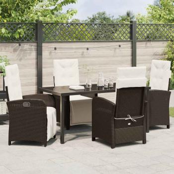 5-teiliges Garten Essgruppe mit Kissen, Braunes Poly Rattan, Gartentisch Schwarz 160x80x73 cm, gehärtetes Glas