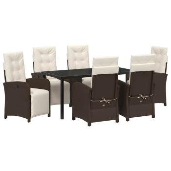 7-teiliges Garten Esszimmer Set mit Kissen in Braun aus Poly Rattan, Gartentisch Schwarz 160x80x73 cm mit gehärtetem Glas