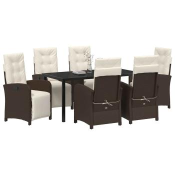 7-teiliges Garten Esszimmer Set mit Kissen in Braun aus Poly Rattan, Gartentisch Schwarz 160x80x73 cm mit gehärtetem Glas