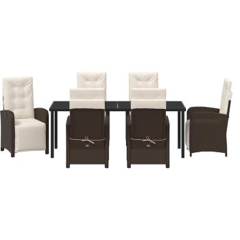 7-teiliges Garten-Essset mit Kissen aus braunem Poly-Rattan, Gartentisch Schwarz 200x80x73 cm, gehärtetes Glas