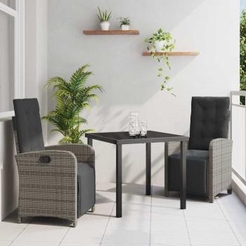ARDEBO.de - 3-teiliges Garten Essset mit Polstern Grau Poly Rattan, Gartentisch Schwarz 80x80x73 cm Sicherheitsglas