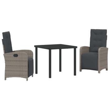 3-teiliges Garten Essset mit Polstern Grau Poly Rattan, Gartentisch Schwarz 80x80x73 cm Sicherheitsglas