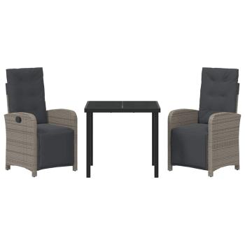 3-teiliges Garten Essset mit Polstern Grau Poly Rattan, Gartentisch Schwarz 80x80x73 cm Sicherheitsglas