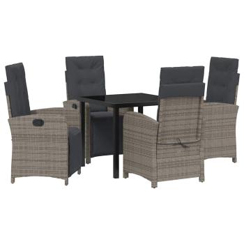 5-teiliges Garten Essset mit Kissen Grau Poly Rattan, Gartentisch Schwarz 80x80x73 cm Sicherheitsglas