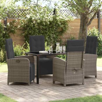 ARDEBO.de - 5-teiliges Garten Esstisch Set mit Kissen Grau Poly Rattan, Gartentisch Schwarz 140x80x73 cm Tempered Glass