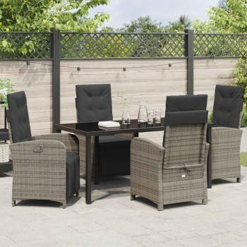 5-teiliges Garten Essset mit Kissen Grau Poly Rattan, Gartentisch Schwarz 160x80x73 cm Sicherheitsglas