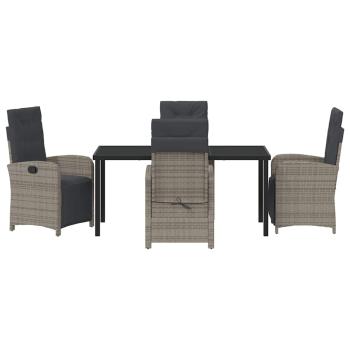 5-teiliges Garten Essset mit Kissen Grau Poly Rattan, Gartentisch Schwarz 160x80x73 cm Sicherheitsglas