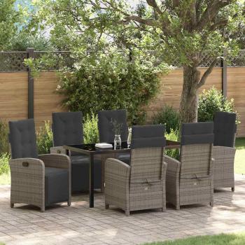 ARDEBO.de - 7-teiliges Garten-Essgruppen-Set mit Kissen in Grau aus Poly Rattan, Gartentisch Schwarz 160x80x73 cm Temperglas