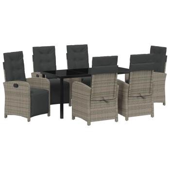 7-teiliges Garten-Essgruppen-Set mit Kissen in Grau aus Poly Rattan, Gartentisch Schwarz 160x80x73 cm Temperglas