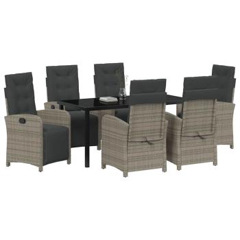 7-teiliges Garten-Essgruppen-Set mit Kissen in Grau aus Poly Rattan, Gartentisch Schwarz 160x80x73 cm Temperglas