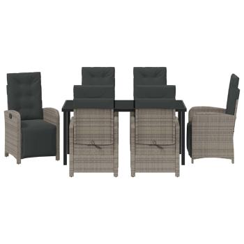 7-teiliges Garten-Essgruppen-Set mit Kissen in Grau aus Poly Rattan, Gartentisch Schwarz 160x80x73 cm Temperglas