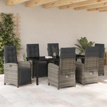 7-teilige Garten Essgruppe mit Kissen Grau Poly Rattan, Gartentisch Schwarz 200x80x73 cm Sicherheitsglas