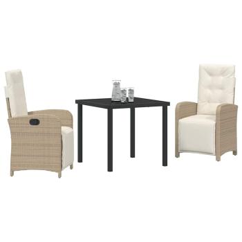 3-teiliges Garten-Essgruppe mit Kissen Beige Poly Rattan, Gartentisch Schwarz 80x80x73 cm Sicherheitsglas