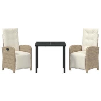 3-teiliges Garten-Essgruppe mit Kissen Beige Poly Rattan, Gartentisch Schwarz 80x80x73 cm Sicherheitsglas
