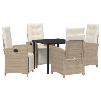 5-teiliges Garten-EssSet mit Kissen in Beige aus Poly Rattan, Gartentisch Schwarz 80x80x73 cm mit Sicherheitsglas