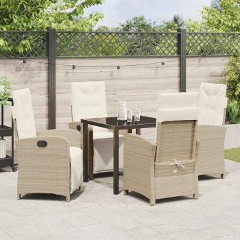 5-teiliges Garten-EssSet mit Kissen in Beige aus Poly Rattan, Gartentisch Schwarz 80x80x73 cm mit Sicherheitsglas