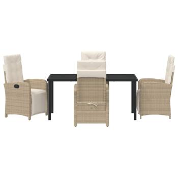 5-teiliges Garten Essset mit Kissen in Beige Poly Rattan, Gartentisch Schwarz 160x80x73 cm Tempered Glass