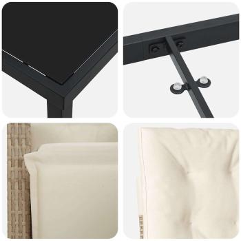 5-teiliges Garten Essset mit Kissen in Beige Poly Rattan, Gartentisch Schwarz 160x80x73 cm Tempered Glass