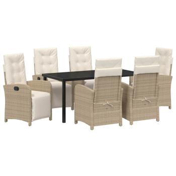 7-teiliges Gartenessset mit Kissen Beige Poly Rattan, Gartentisch Schwarz 160x80x73 cm aus Einscheibensicherheitsglas