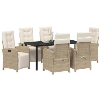 7-teiliges Gartenessset mit Kissen Beige Poly Rattan, Gartentisch Schwarz 160x80x73 cm aus Einscheibensicherheitsglas