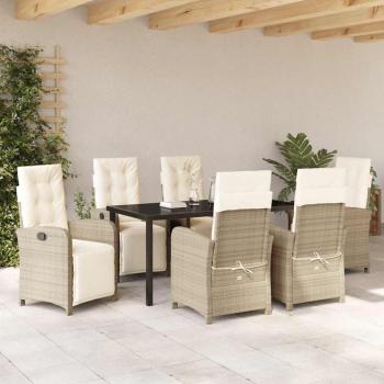 7-teiliges Gartenessset mit Kissen Beige Poly Rattan, Gartentisch Schwarz 160x80x73 cm aus Einscheibensicherheitsglas