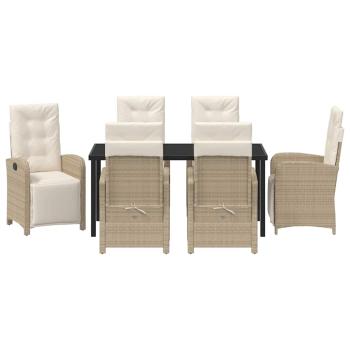 7-teiliges Gartenessset mit Kissen Beige Poly Rattan, Gartentisch Schwarz 160x80x73 cm aus Einscheibensicherheitsglas