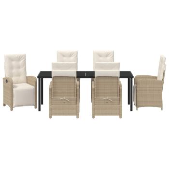 ARDEBO.de - 7-teiliges Gartentisch-Set mit Kissen aus beigem Poly-Rattan, Gartentisch schwarz 200x80x73 cm mit Sicherheitsglas