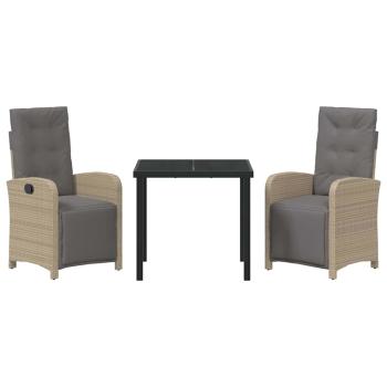 3-teiliges Garten Essgruppe mit Kissen Beige Poly Rattan, Gartentisch Schwarz 80x80x73 cm Sicherheitsglas