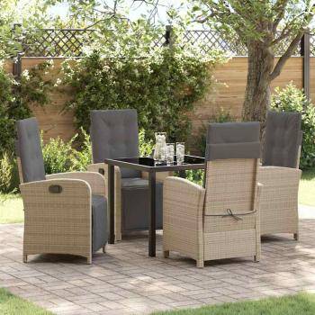 ARDEBO.de - 5-teiliges Garten Essset mit Kissen Beige Poly Rattan, Gartentisch Schwarz 80x80x73 cm mit Sicherheitsglas