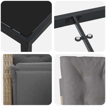 5-teiliges Garten Essgruppe mit Kissen Beige Poly Rattan, Gartentisch Schwarz 140x80x73 cm Tempered Glas