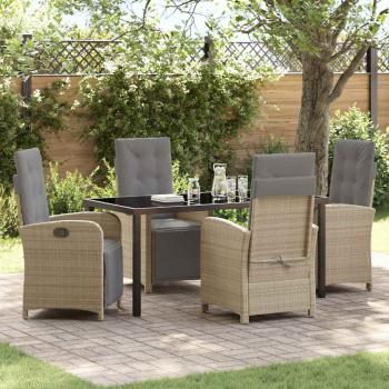 ARDEBO.de - 5 Teiliges Garten Esstisch Set mit Kissen Beige Poly Rattan, Gartentisch Schwarz 160x80x73 cm Temperglas