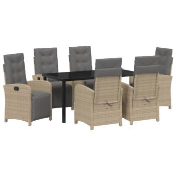 7-teiliges Garten Essset mit Kissen Beige Poly Rattan, Gartentisch Schwarz 160x80x73 cm Sicherheitsglas