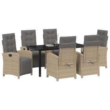 7-teiliges Garten Essset mit Kissen Beige Poly Rattan, Gartentisch Schwarz 160x80x73 cm Sicherheitsglas