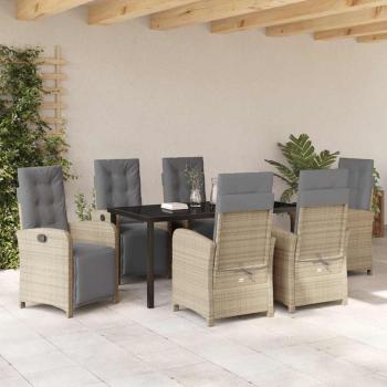 7-teiliges Garten Essset mit Kissen Beige Poly Rattan, Gartentisch Schwarz 160x80x73 cm Sicherheitsglas