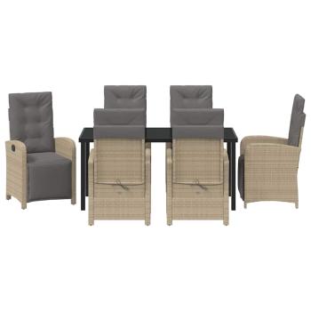 7-teiliges Garten Essset mit Kissen Beige Poly Rattan, Gartentisch Schwarz 160x80x73 cm Sicherheitsglas