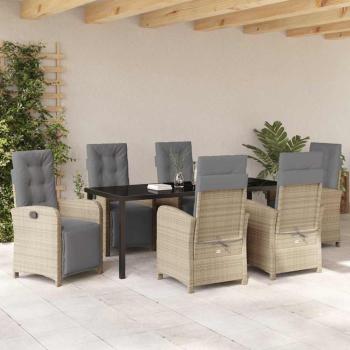 7-teiliges Garten-Essset mit Kissen Beige Poly Rattan, Gartentisch Schwarz 200x80x73 cm mit Sicherheitsglas