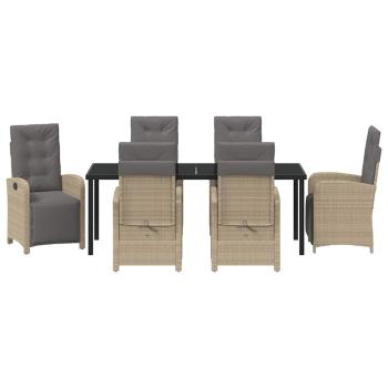 7-teiliges Garten-Essset mit Kissen Beige Poly Rattan, Gartentisch Schwarz 200x80x73 cm mit Sicherheitsglas