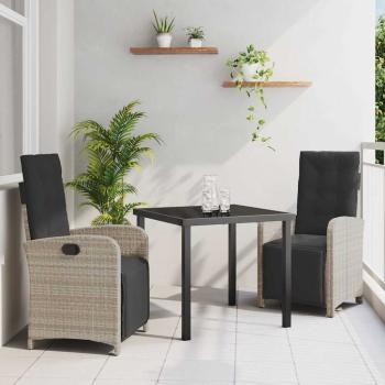 ARDEBO.de - 3-teiliges Garten-Essgruppen-Set mit Kissen aus hellgrauem Poly-Rattan, Gartentisch Schwarz 80x80x73 cm Sicherheitsglas