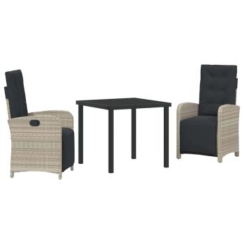 3-teiliges Garten-Essgruppen-Set mit Kissen aus hellgrauem Poly-Rattan, Gartentisch Schwarz 80x80x73 cm Sicherheitsglas