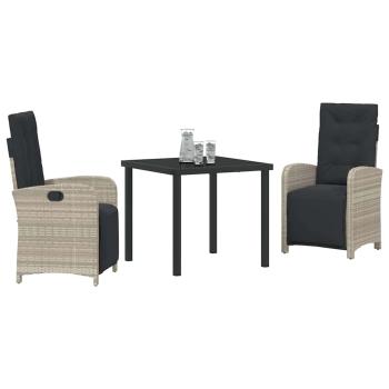 3-teiliges Garten-Essgruppen-Set mit Kissen aus hellgrauem Poly-Rattan, Gartentisch Schwarz 80x80x73 cm Sicherheitsglas