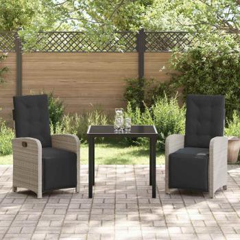 3-teiliges Garten-Essgruppen-Set mit Kissen aus hellgrauem Poly-Rattan, Gartentisch Schwarz 80x80x73 cm Sicherheitsglas
