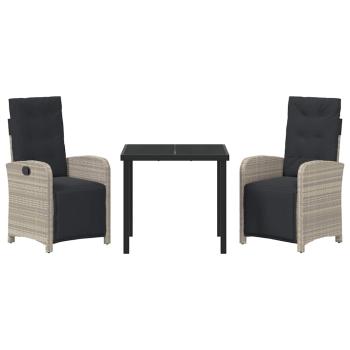 3-teiliges Garten-Essgruppen-Set mit Kissen aus hellgrauem Poly-Rattan, Gartentisch Schwarz 80x80x73 cm Sicherheitsglas