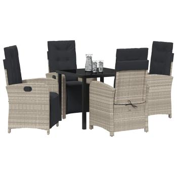 5-teiliges Gartendining-Set mit Kissen Hellgrau Poly Rattan, Gartentisch Schwarz 80x80x73 cm Sicherheitsglas