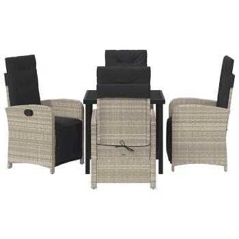 5-teiliges Gartendining-Set mit Kissen Hellgrau Poly Rattan, Gartentisch Schwarz 80x80x73 cm Sicherheitsglas