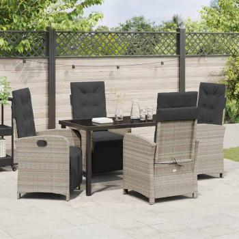 5-teilige Garten Essgruppe mit Kissen in Hellgrau aus Poly-Rattan, Gartentisch Schwarz 140x80x73 cm Sicherheitsglas