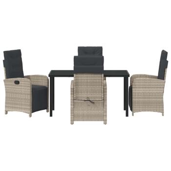 5-teilige Garten Essgruppe mit Kissen in Hellgrau aus Poly-Rattan, Gartentisch Schwarz 140x80x73 cm Sicherheitsglas